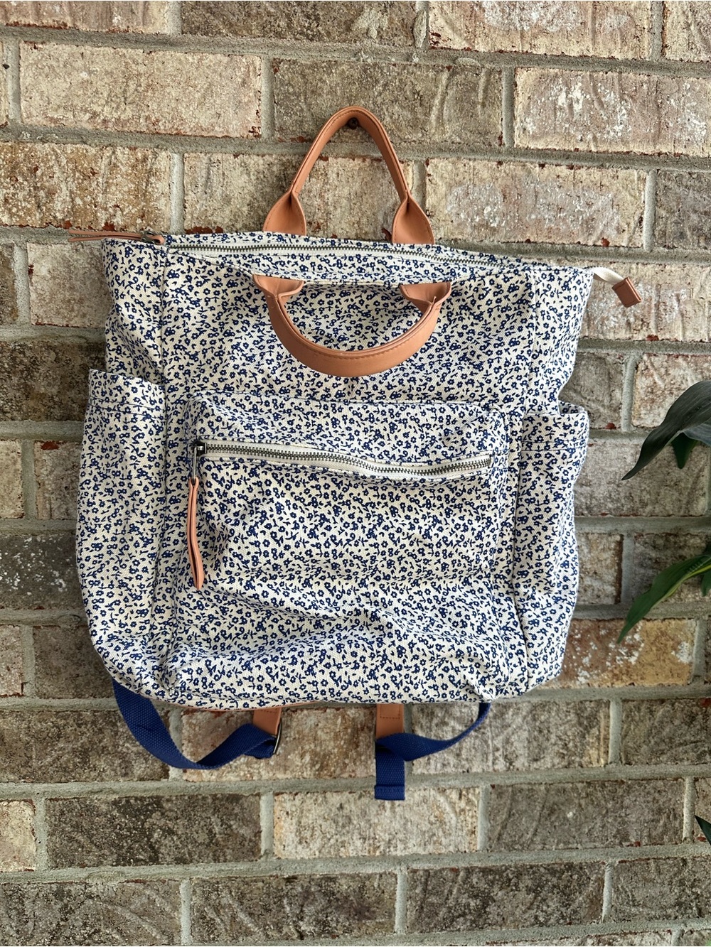 Floral Canvas Tote Backpack or baby bag with Tan Faux Leather Handles - Picture 2 of 7